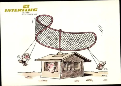 Künstler Ak Moese, Willy, Interflug Betrieb Flugsicherung, Flugradar, Schaukel, Humor