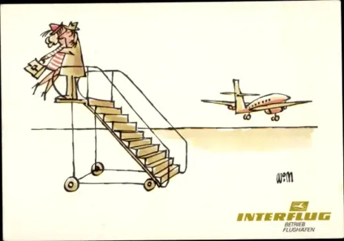 Künstler Ak Moese, Willy, Interflug Betrieb Flughafen, Flugzeug, Abschiedsszene, Humor