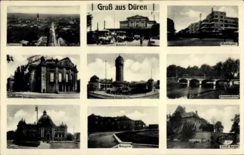 Ak Düren im Rheinland, Totalansicht, Bahnhof  Wirteltorplatz, Wasserturm, Johannesbrücke, Grüngür
