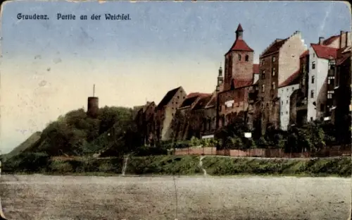 Ak Grudziądz Graudenz Westpreußen,  Partie an der Weichsel, Weichselufer, Stadtturm, Stadtmauer