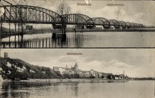 Ak Grudziądz Graudenz Westpreußen, Weichselbrücke, Weichselseite