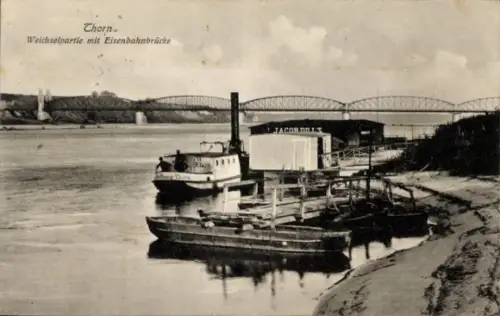 Ak Toruń Thorn Westpreußen, Weichselpartie mit Eisenbahnbrücke, Weichseldampfer