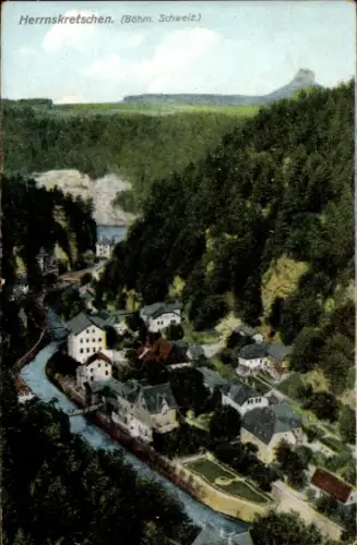 Ak Hřensko Herrnskretschen Elbe Region Aussig,  Dorfansicht am Fluss, Tal