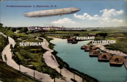 Ak Mysłowice Myslowitz Schlesien, Dreikaiserreichsecke, Deutschland, Österreich, Russland