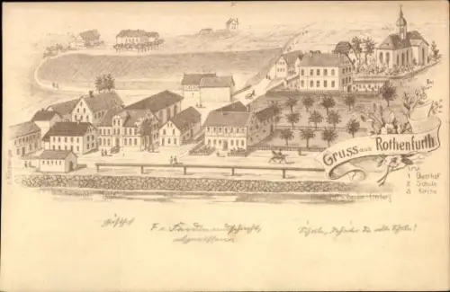Litho Rothenfurth Großschirma in Sachsen, Gasthof, Schule, Kirche