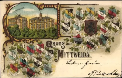 Studentika Litho Mittweida in Sachsen, Technikum, Corpswappen, Berolina, Silesia, Fidelitas, Badenia
