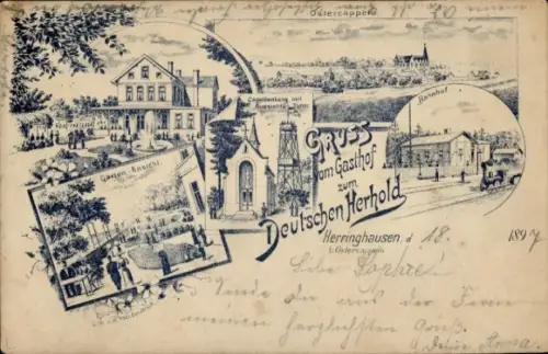 Litho Herringhausen Bohmte in Niedersachsen, Gasthof zum Deutschen Herhold, Bahnhof, Aussichtsturm