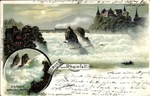 Litho Laufen Schaffhausen, Rheinfall, Wasserfall, Schloss Laufen, Fischetz 