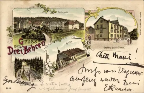 Litho Trois Épis Drei Ähren Elsass Haut Rhin, Gesamtansicht, Kirche, Gasthof Notre Dame