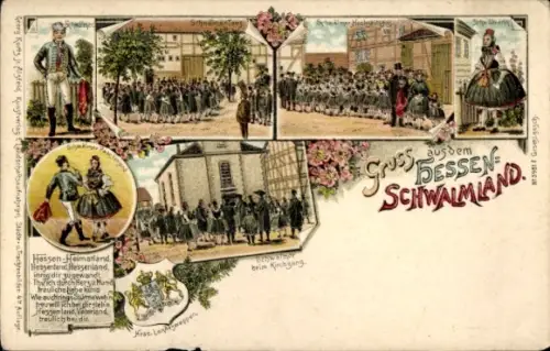 Litho Gruß aus dem Hessen Schwalmland, Trachten, Kirchgang, Landeswappen