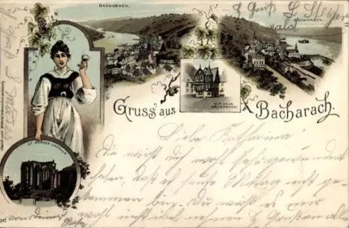 Litho Bacharach am Rhein, Stadtpanorama, Althaus, St. Werner Kapelle