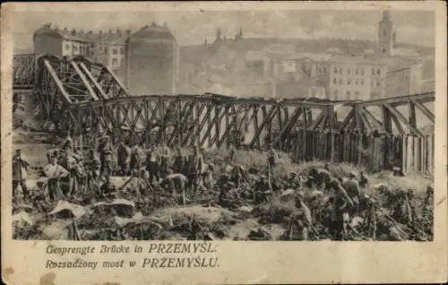 Ak Przemyśl Polen, gesprengte Brücke, 1. WK