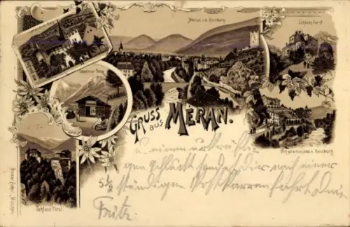 Litho Meran Merano Südtirol, Gesamtansicht, Schloss Tirol, Burg, Promenade