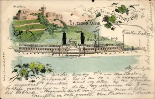 Litho Blick auf Rheindampfer Deutscher Kaiser,Rheinfels