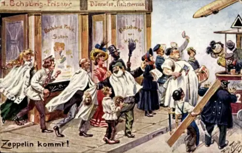 Künstler Ak Thiele, Arthur, Zeppelin kommt, Fleischer und Friseur mit Kunden