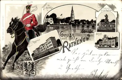 Litho Rathenow im Havelland, Bahnhof, Kaserne, Denkmal des gr. Kurfürsten, Haveltor, Rennplatz
