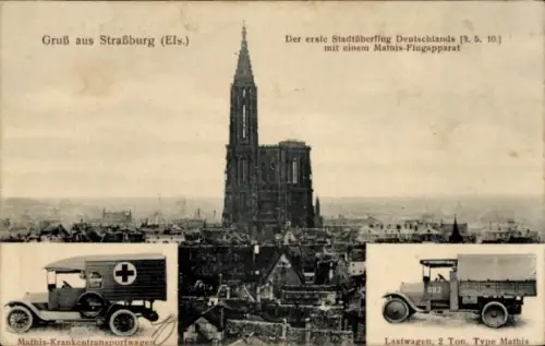 Ak Straßburg Elsass Bas Rhin, Mathis-Flugapparat, Krankentransportwagen
