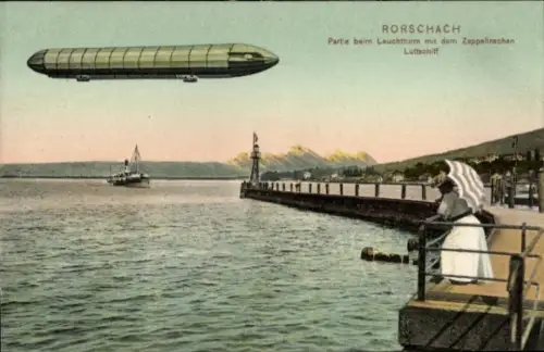 Ak Rorschach Kt. St. Gallen Schweiz, Leuchtturm, Zeppelin