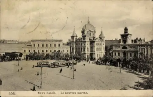 Ak Łódź Lodsch Polen,  Nowy Rynek, Straßenbahn, Markt,