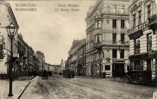 Ak Warszawa Warschau Polen,  Neue Weltstraße, Straßenansicht, Straßenbahn,  Gebäude