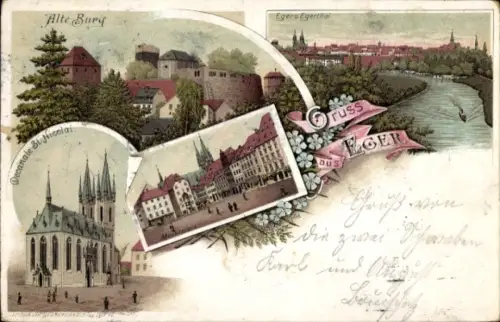 Litho Cheb Eger Region Karlsbad, Alte Burg, Decanale St. Nicolai, Platz, Egertal