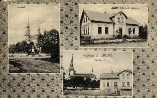 Passepartout Ak Libun Hradec Králové Tschechien, Teilansicht der Kirche, Gendarmeriestation