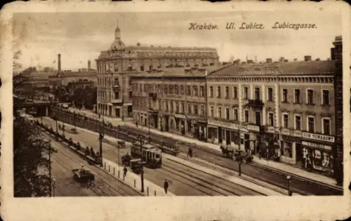 Ak Bielany Kraków Krakau Polen,  Lubiczgasse, Straßenbahn, Geschäfte,  