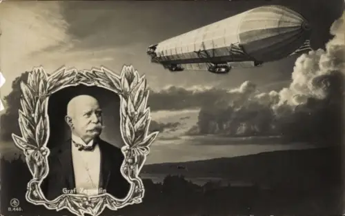 Ak Luftschiff im Flug, Portrait Graf Zeppelin, Lorbeerkranz, LZ 4