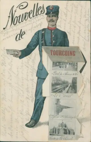 Leporello Ak Tourcoing Nord, Postbote, Kanal, Kirche, Eisenbahnbrücke