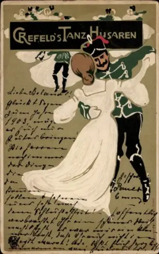 Litho Krefeld am Niederrhein, Husar tanzt mit einer Frau, Hurrah, Sie sind da