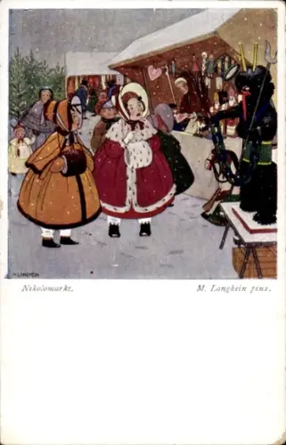 Künstler Ak Langhein, M., Nikolomarkt, Verkausstände, Krampus, Mädchen, BKWI Nr. 1903