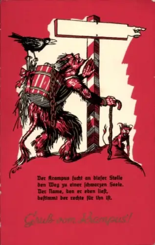 Ak Gruß vom Krampus, Der Krampus sucht an dieser Stelle den Weg zu einer schwarzen Seele