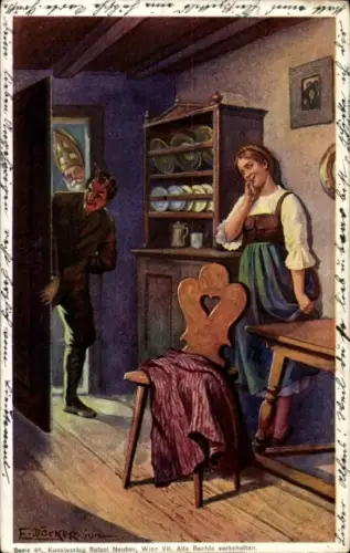 Künstler Ak Döcker, E., Krampus und Nikolaus an der Tür