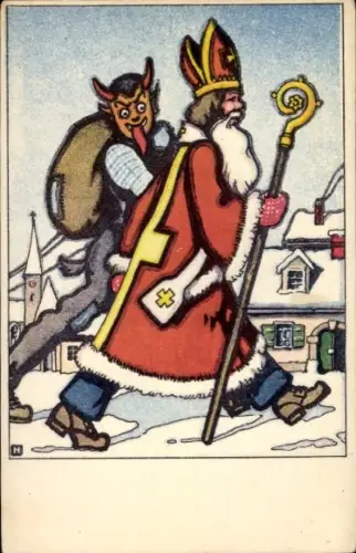 Künstler Ak Krampus und St. Nikolaus, Nikolo
