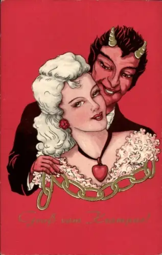 Künstler Ak G. Milan, Gruß vom Krampus, Kette, junge Frau