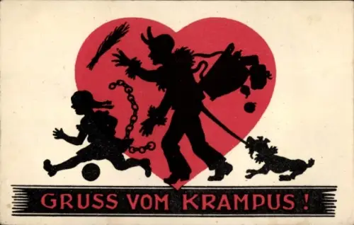 Scherenschnitt Ak Gruß vom Krampus, Mädchen, Hund