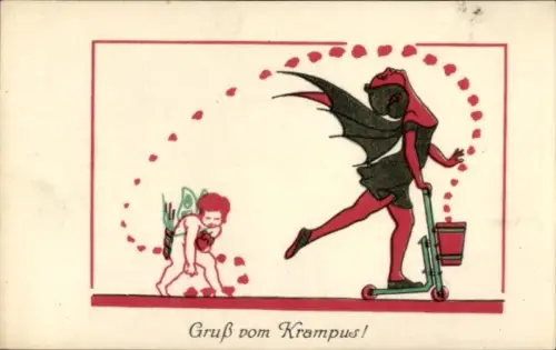 Ak Gruß vom Krampus, weiblicher Krampus auf einem Roller, Liebesengel, Herzen, B. K. W. I. 3048-3