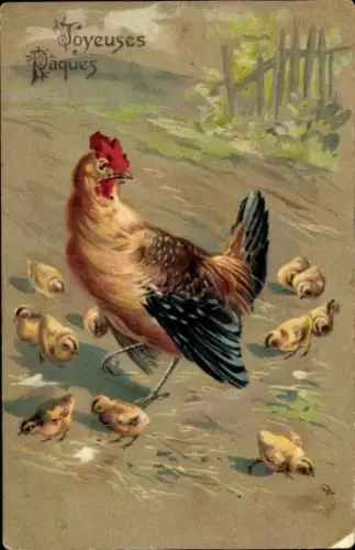 Präge Ak Glückwunsch Ostern, Hahn mit Küken