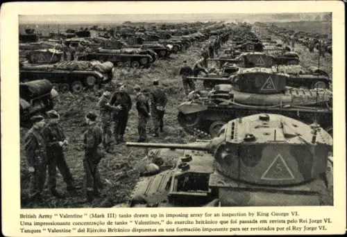 PC British Army Valentine tanks drawn up in imposing array for an inspection by King George VI