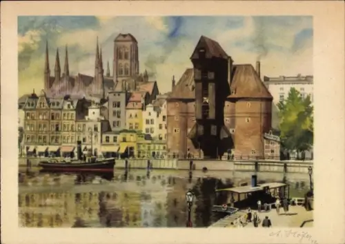 Künstler Ak Höfer, A., Gdańsk Danzig, Krantor, St. Marienkirche, Mottlau