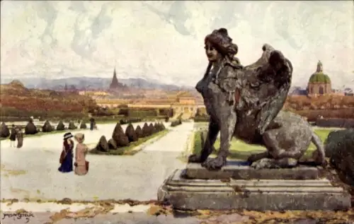Ak Wien 3 Landstraße, Sphinx-Statue, Park mit Hecken, zwei Damen und Begleiter, Stadtpanorama