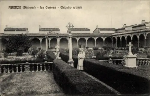 Ak Firenze Florenz Toscana, Klosterhof mit Arkaden, formaler Garten mit Hecken, Brunnen und Statu