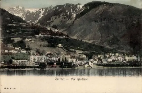 Ak Territet Montreux Kt. Waadt, Seeufer, Berge mit Schneefeldern, Brücke, Uferbebauung