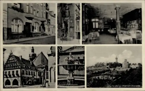 Ak Brandenburg an der Havel, Restaurant Zum Schultheiß, Bismarckwarte, Fritze Bollmann Brunnen