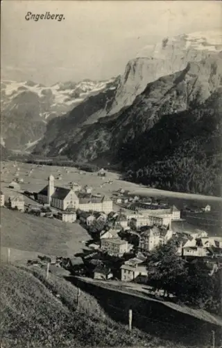 Ak Engelberg Kanton Obwalden Schweiz, Kloster Engelberg,  Dorfansicht, Pfarrkirche mit Turm, Hote