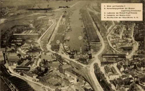 Ak Hansestadt Bremen, Fliegeraufnahme, Freihafen I, Roland Argo Dienste, Neptun Linie, Atlas Werke