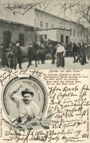 Ak Grudziądz Graudenz Westpreußen, Schmiedemeister Gustav Kohls, Hufschmied, Runter mit dem Eisen