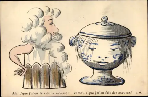Künstler Ak Vermenschlichter Bierkrug, Suppenterrine, c'que j'm'en tais de la mousse