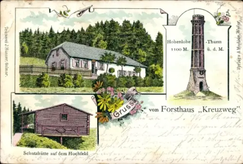 Litho Le Hohwald Elsass Bas Rhin, Schutzhütte auf dem Hochfeld, Forsthaus Kreuzweg, Turm