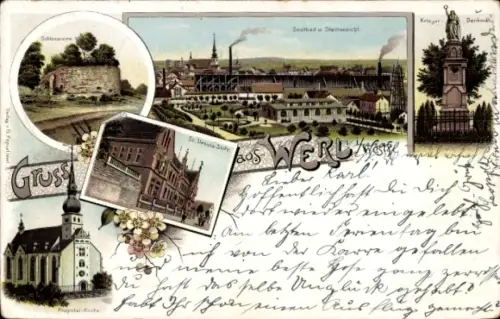 Litho Werl im Kreis Soest Nordrhein Westfalen, Kriegerdenkmal, Solbad, Schlossruine, Propstei Kirche